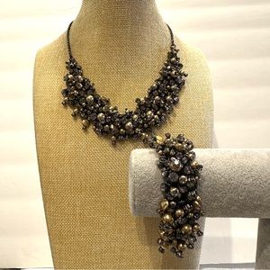 NWT Talbots Necklace & Bracelet set-gunmetal w/ rhinestones & golden faux pearls